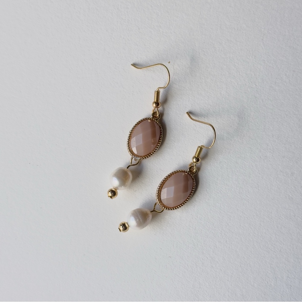 Blush Bead & Pearl Drop Earrings | Upcycled | Gold Stainless Steel Hooks - Picture 4 of 10